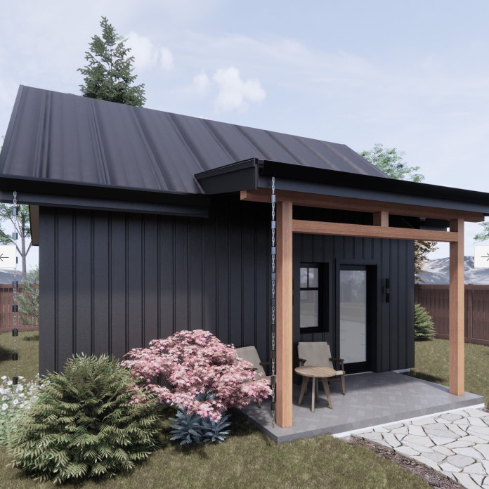 Modern black cabin with a covered porch and garden area