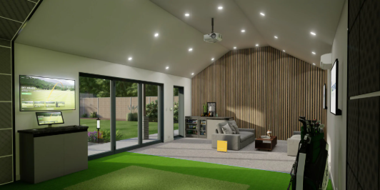 Modern shed with green carpet, large windows, and gray sofa.