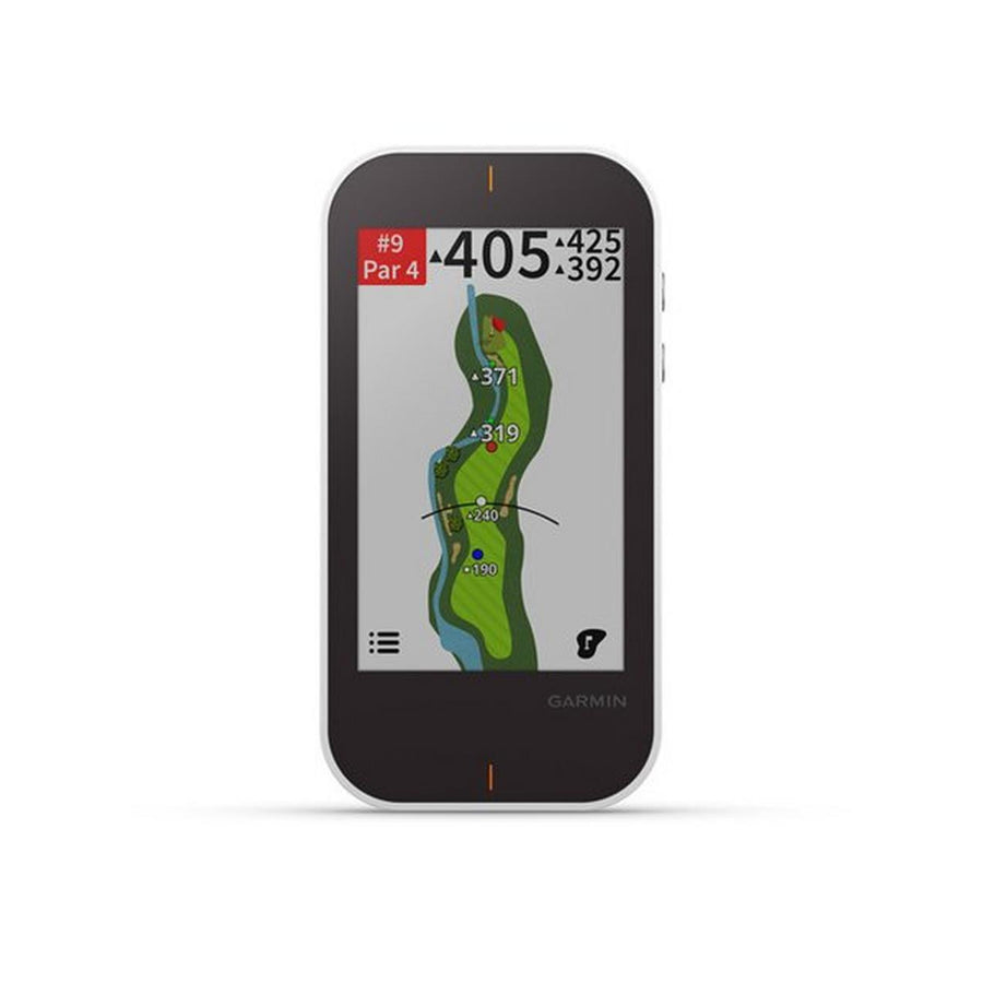 Golf GPS device with screen displaying a golf course layout on a white background