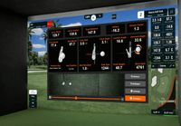 Golf simulator screen displaying various metrics and settings on a golf course background