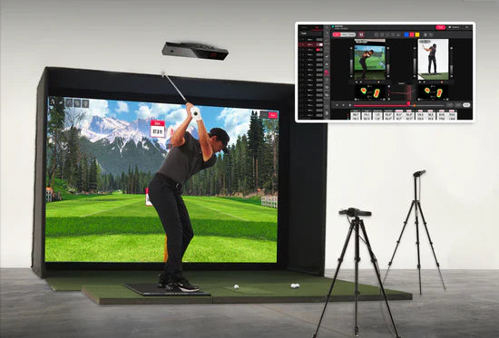 Golf simulator setup with screen displaying a golf course and analysis tools on a white wall.