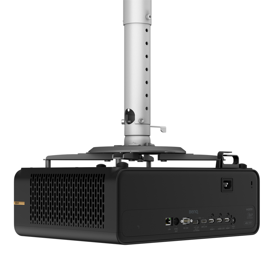 BenQ AK800ST 4K short throw laser golf simulator projector, rear angle on a ceiling mount